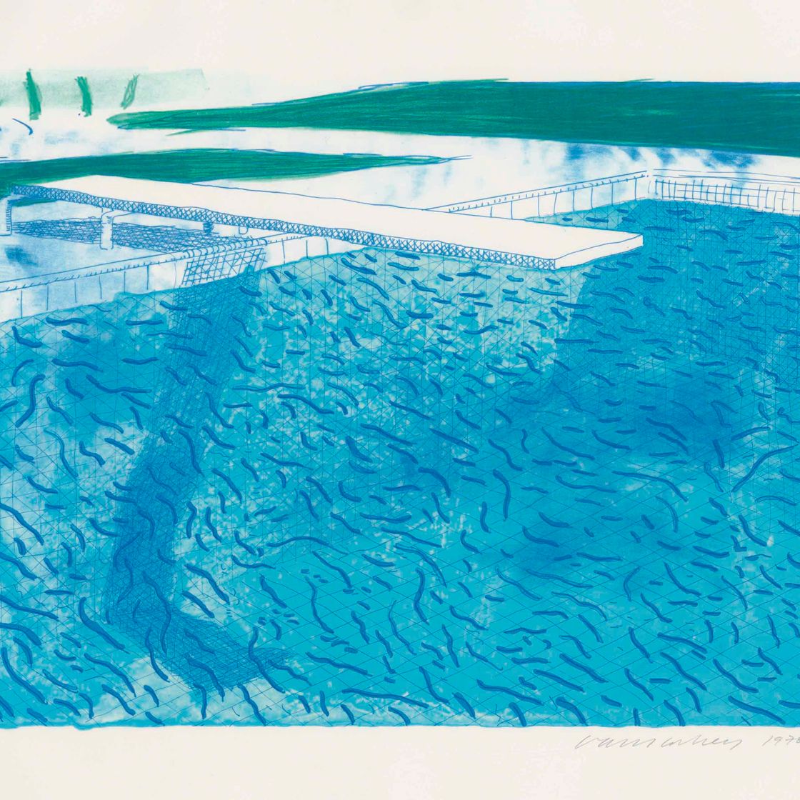David Hockney — Литография воды, выполненная толстыми и тонкими линиями, а также светло-голубым и темно-синим штрихом