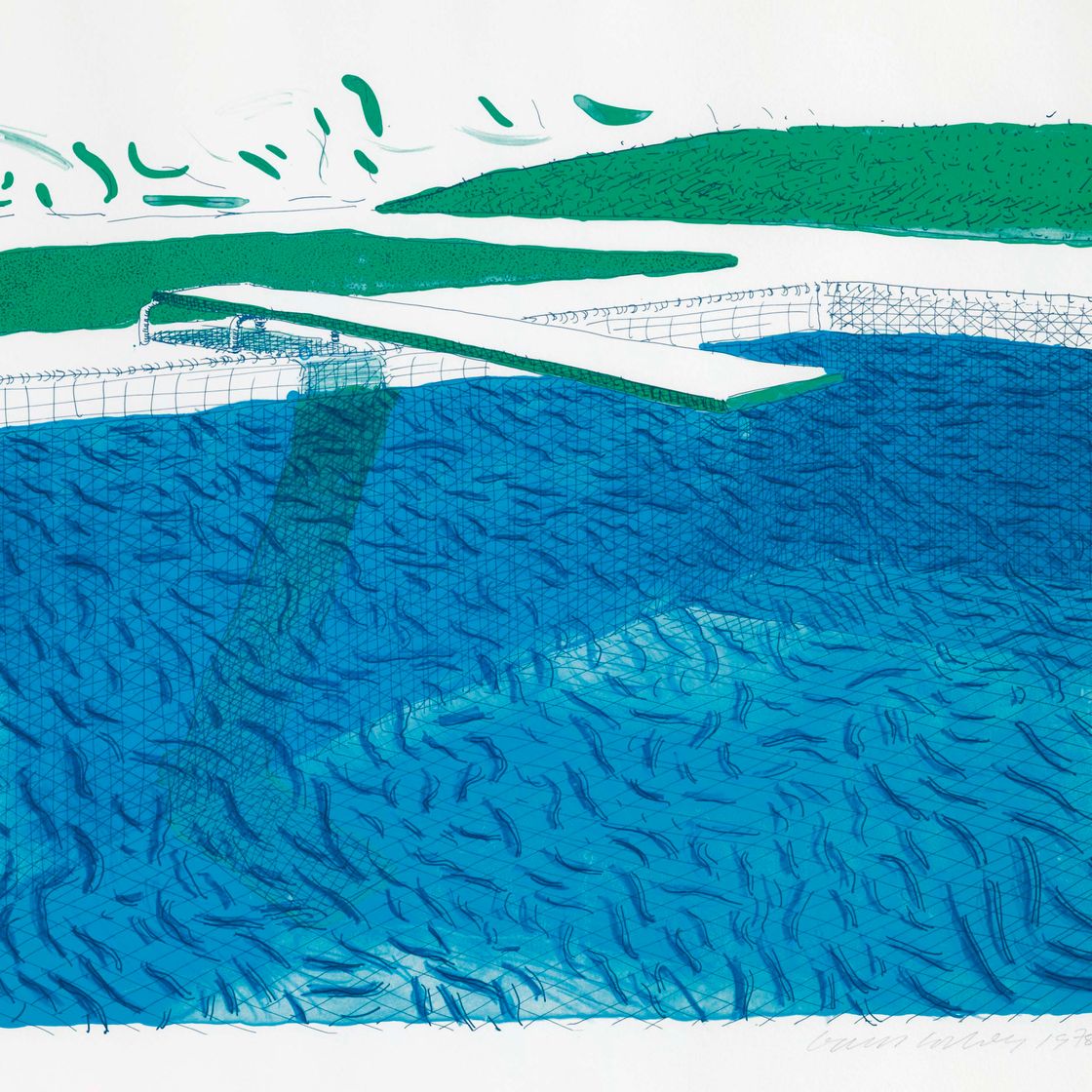 David Hockney — Литографская вода, сделанная из линий, цветного карандаша и двух синих промывок