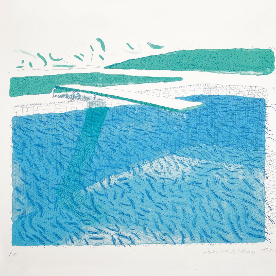 David Hockney — Литографская вода, сделанная из линий, цветного карандаша и двух синих промывок