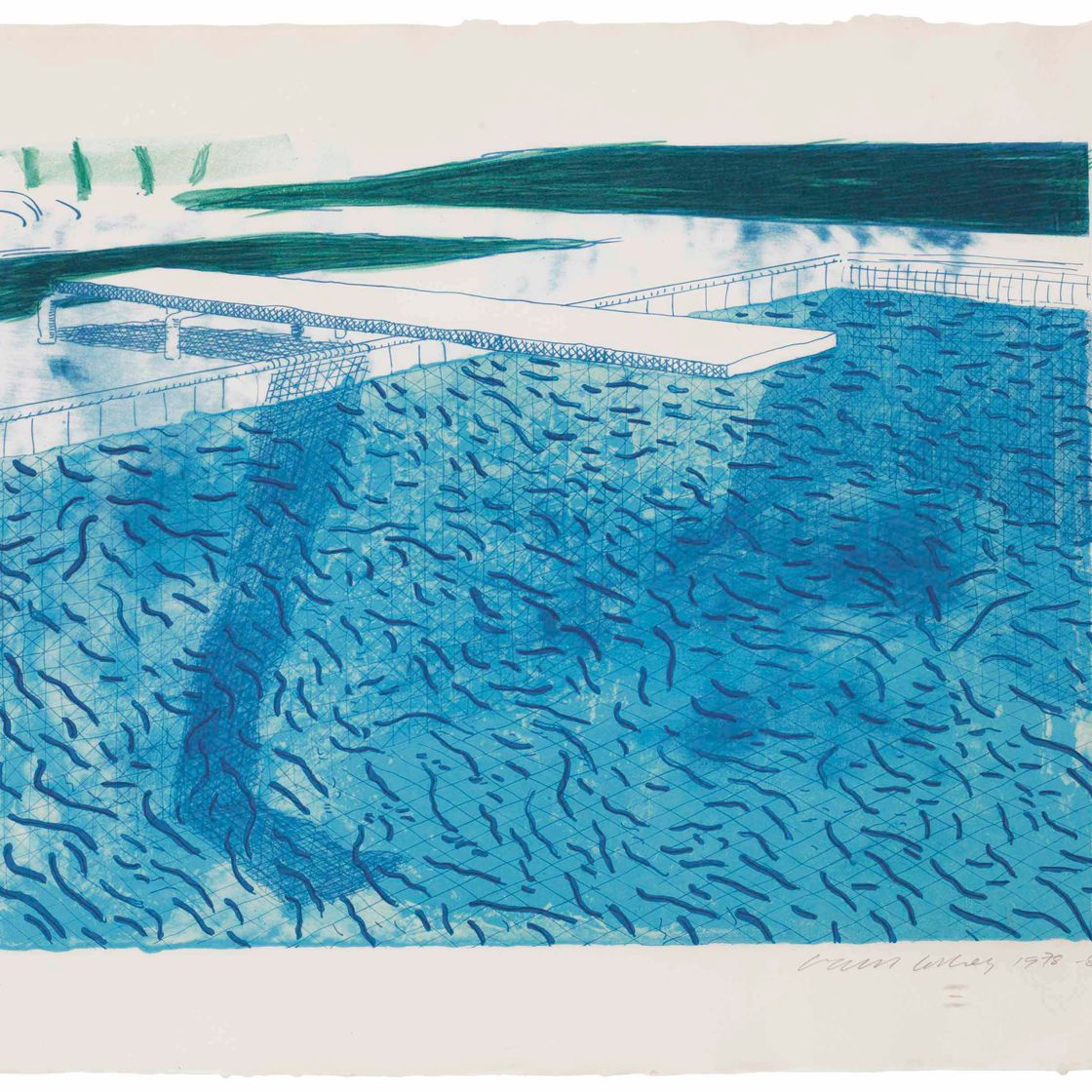 David Hockney — Литография воды, выполненная толстыми и тонкими линиями, а также светло-голубым и темно-синим штрихом