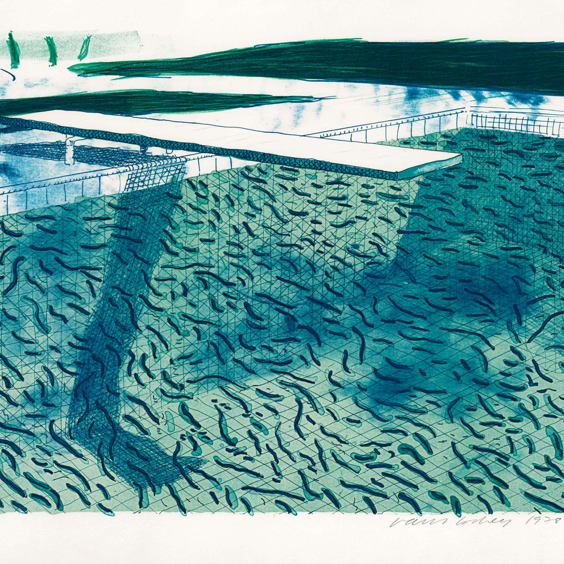 David Hockney — Литография воды, выполненная из толстых и тонких линий и двух светло-голубых разводов (Токио 207)