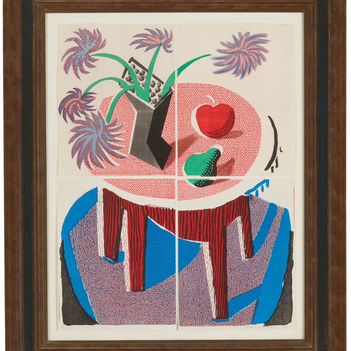 David Hockney — Цветы, яблоко и груша на столе, июль 1986