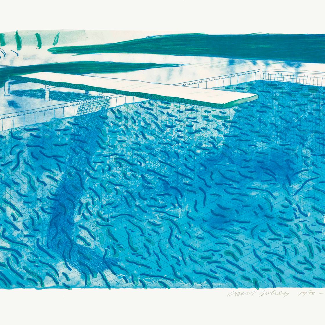 David Hockney — Литография воды, выполненная из толстых и тонких линий, зеленого, светло-голубого и Темно-синего цветов