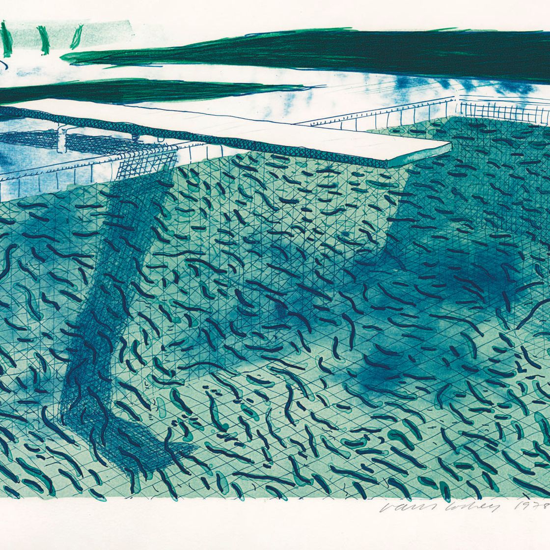 David Hockney — Литография воды, выполненная из толстых и тонких линий и двух светло-голубых разводов (Tyler 250; M.C.A.T. 207)