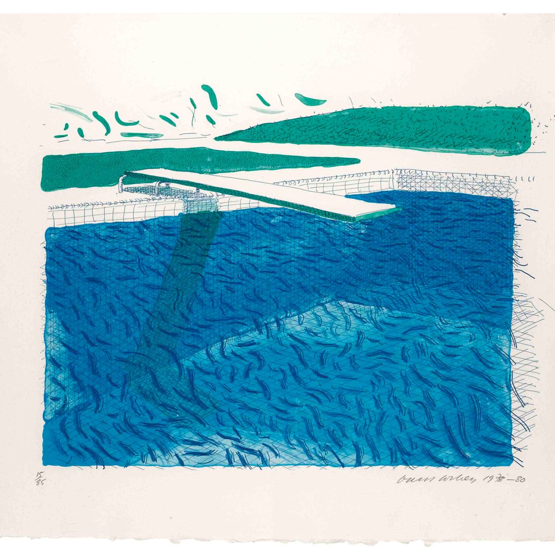 David Hockney — Литография на воде, выполненная линиями, мелком и двумя синими полосками (T. 252; M.C.A.T. 209)
