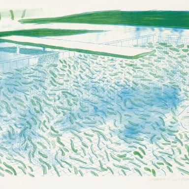 David Hockney — Литография с изображением воды, состоящей из линий и зеленой полосы (T. 247; M.C.A.T. 204)