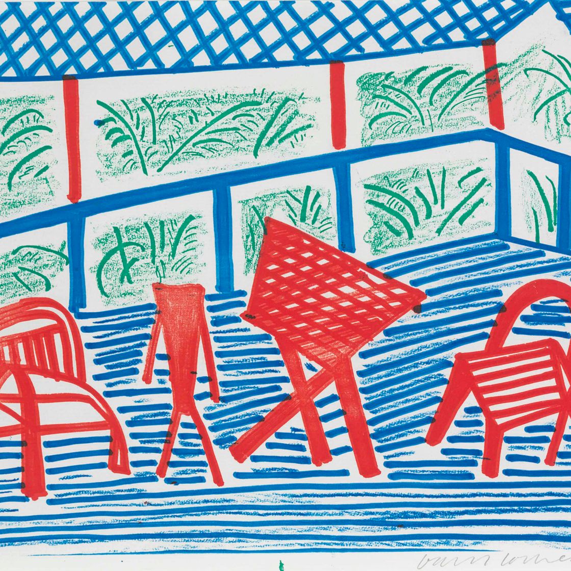 David Hockney — Два красных стула и стол, март 1986 года