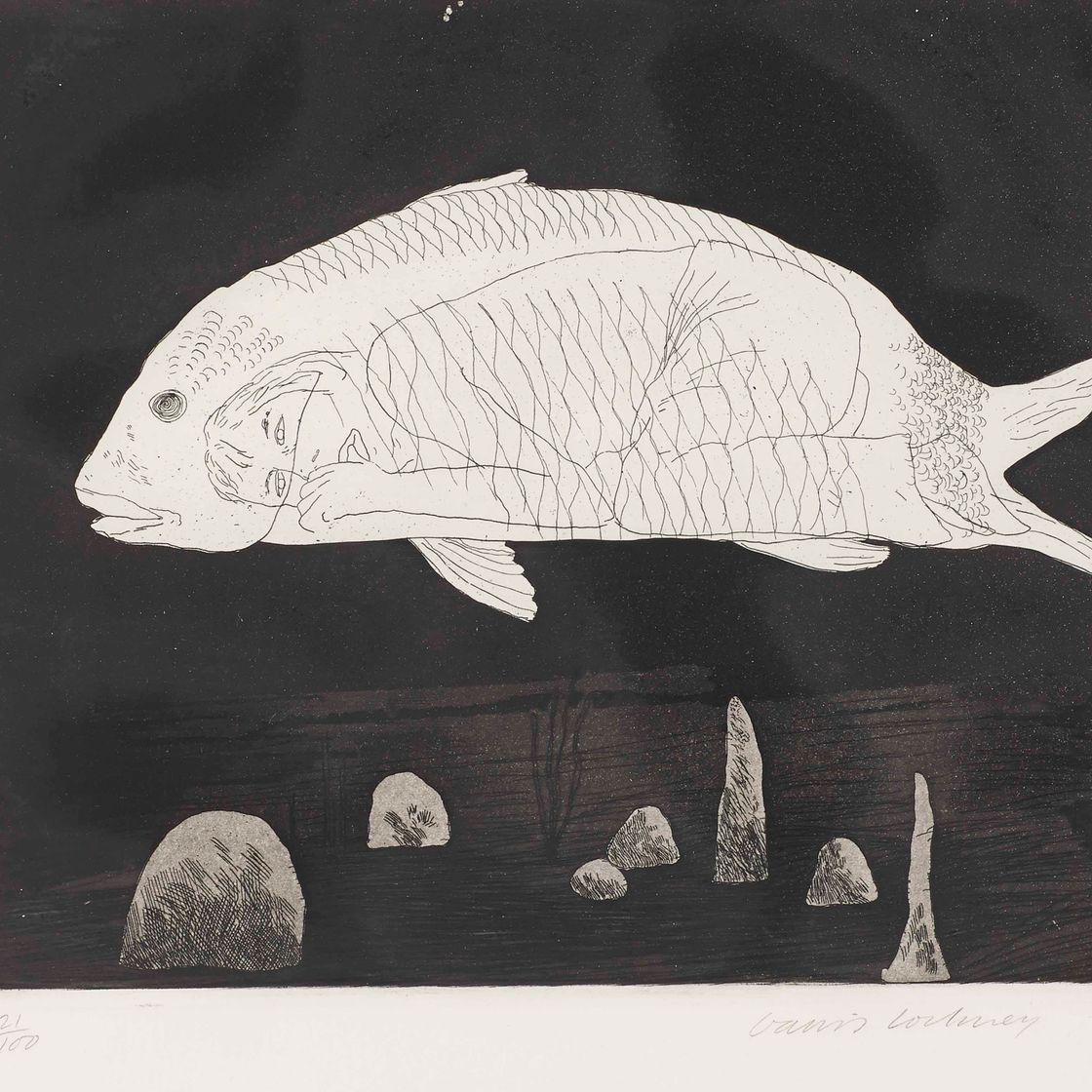 David Hockney — "Мальчик, спрятанный в рыбе", четвертый выпуск "Морского зайца", шесть сказок братьев Гримм (Шотландский художественный совет, 73; Токио, 70)