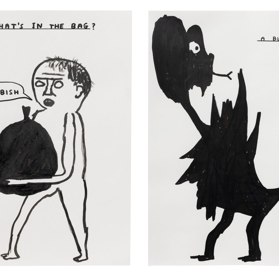 David Shrigley — (i) Без названия (Черный дрозд) (ii) Без названия (Что в сумке)