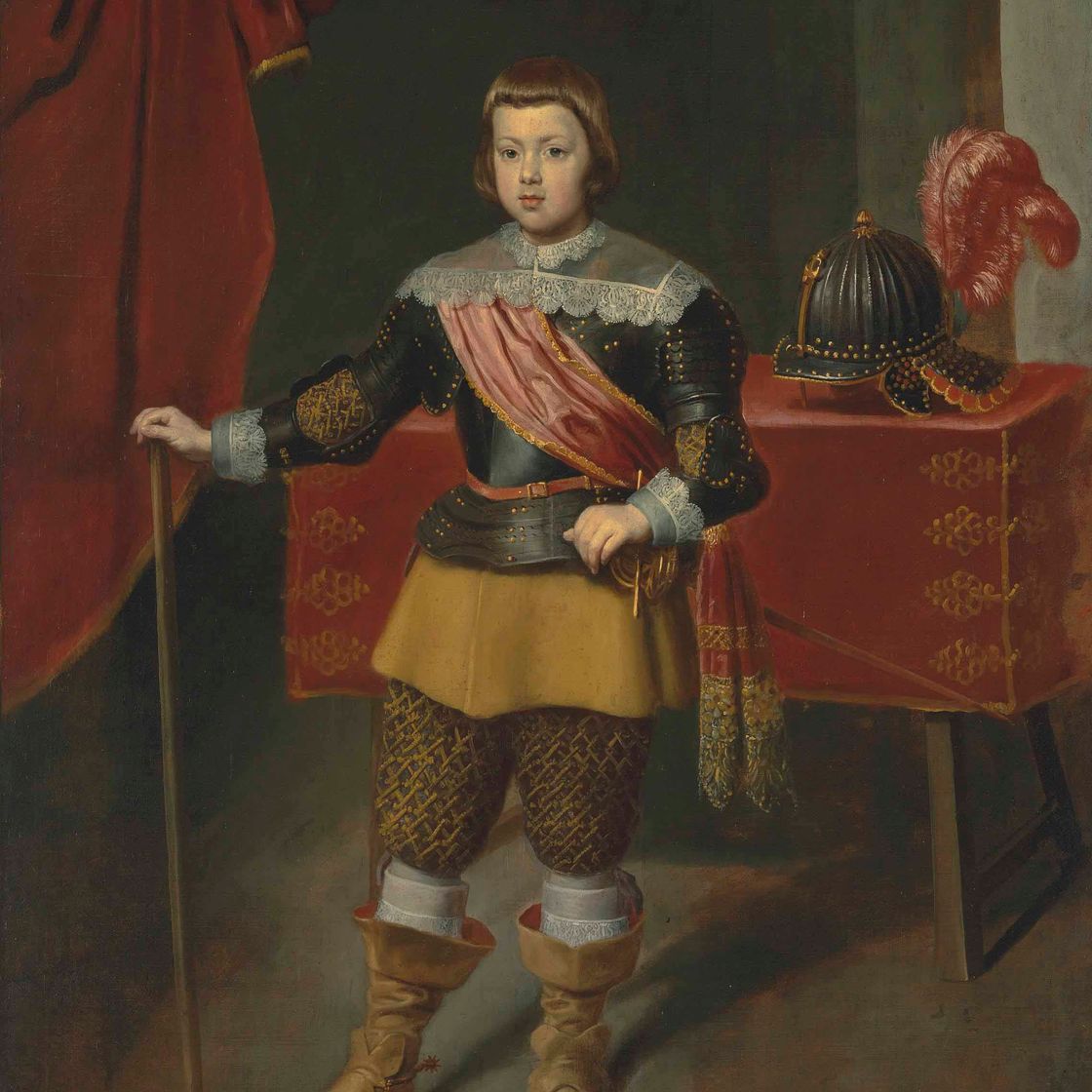 Diego Velázquez — Портрет инфанта Бальтазара Карлоса (1629-1646), сына короля Испании Филиппа IV и его жены Изабеллы Бурбонской, в полный рост, в доспехах с красным поясом.