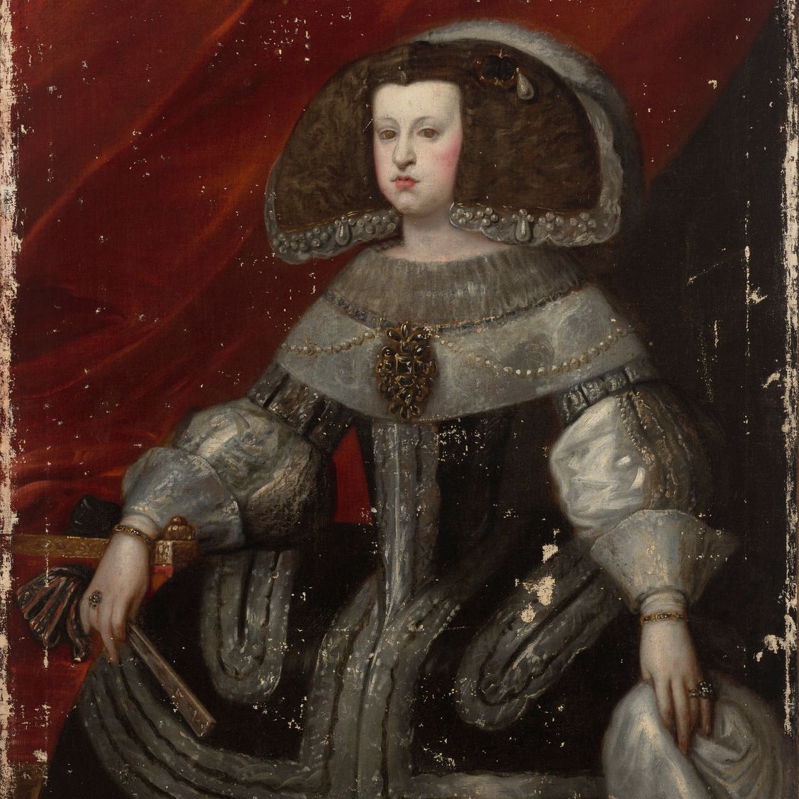 Diego Velázquez — Портрет Марианы Австрийской (1634-1696), королевы Испании, в три четверти роста, в черном платье с серебряными и кружевными украшениями, с веером в руках.