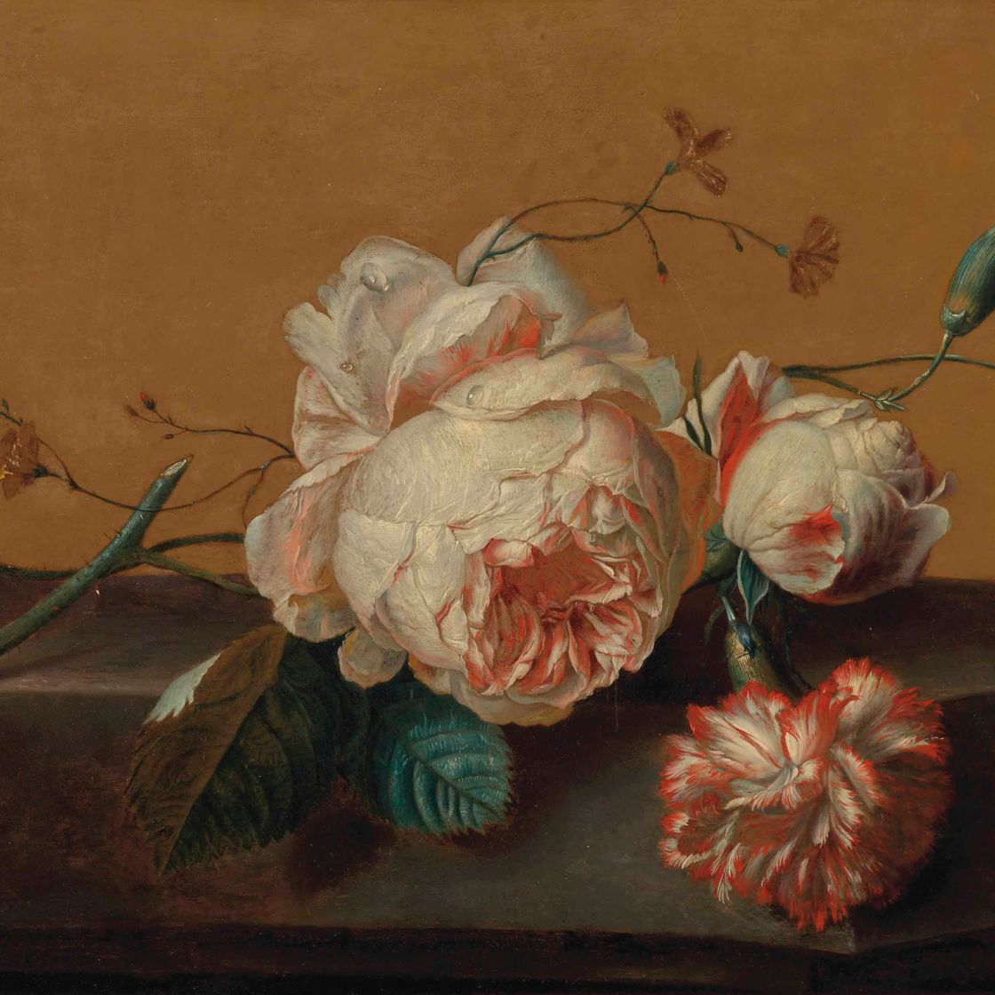 Dutch School — Распускающиеся розовые розы и бутоны роз на каменном выступе