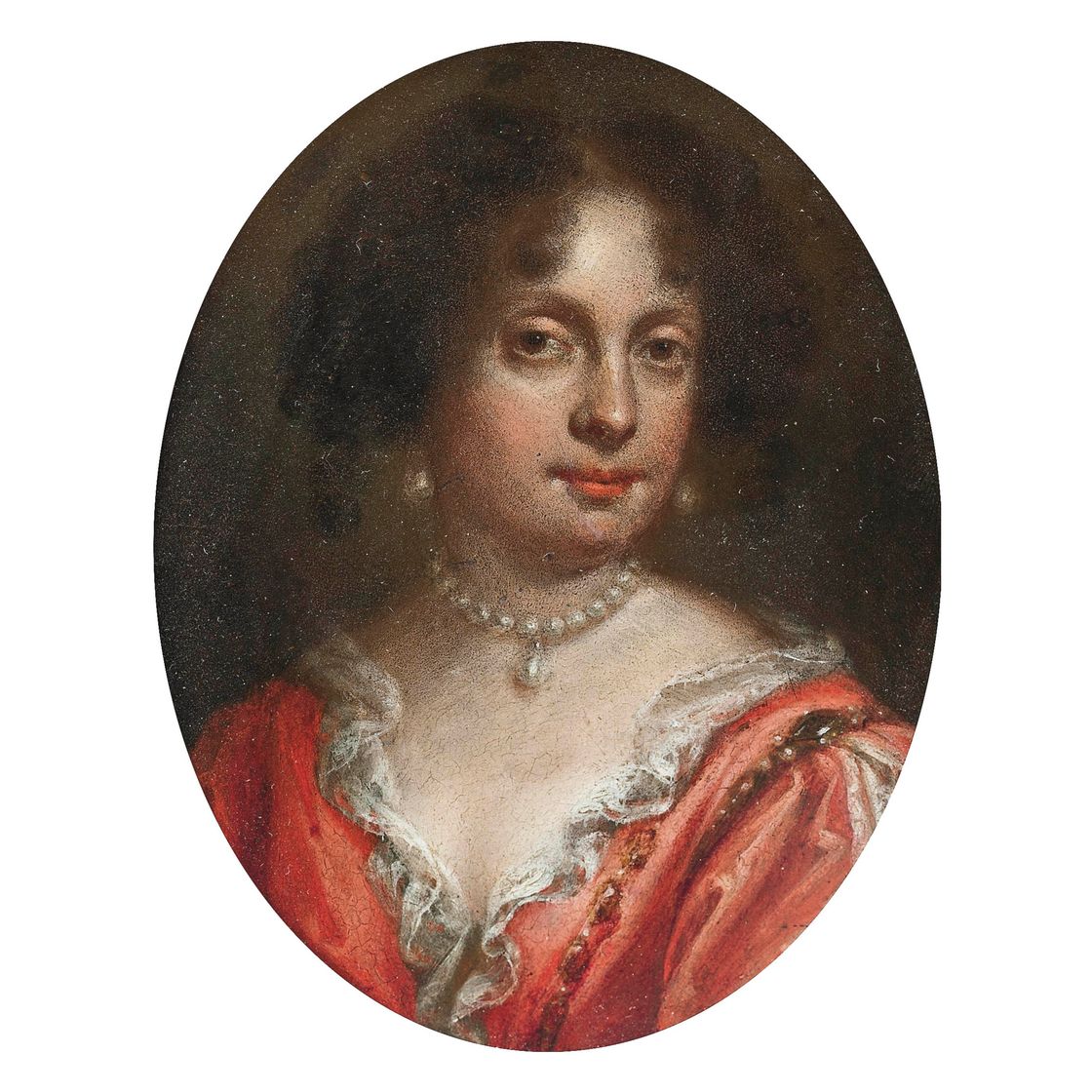 Dutch School — Портрет дамы, которую традиционно называют Екатериной Брагансской (1638-1705), длиной до груди, в красном платье с кружевной отделкой и жемчужном ожерелье