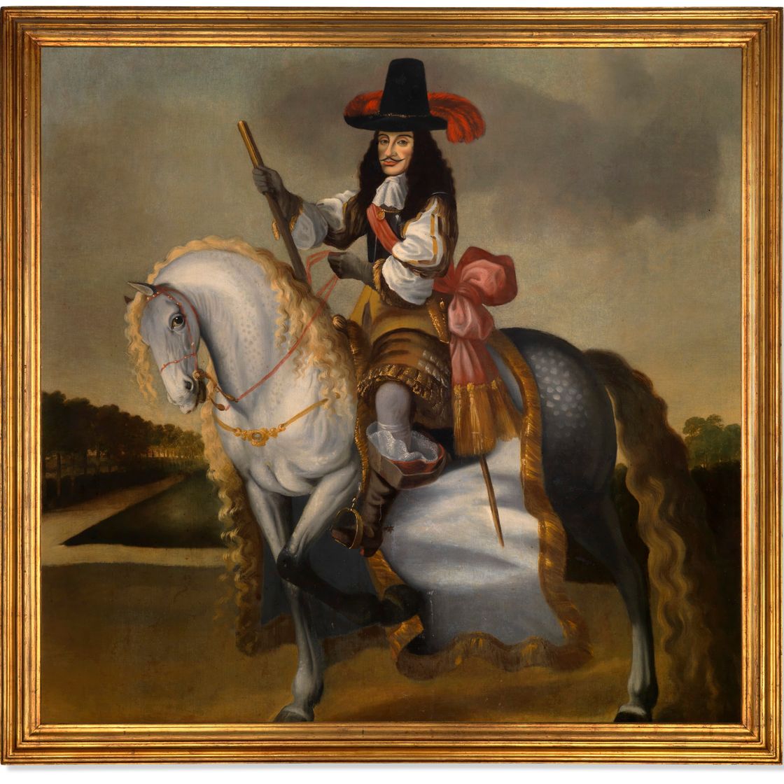 Dutch School — Конный портрет короля Карла II (1630-1685), установленный на сером коне на фоне пейзажа, изображение 1