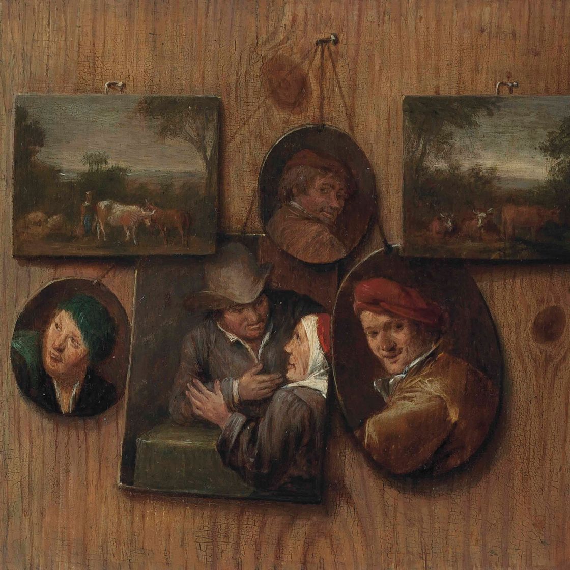 Dutch School — Обманка с шестью картинами, висящими на стене