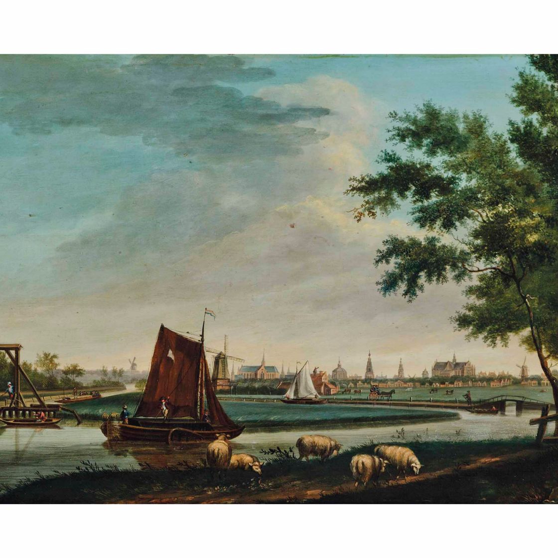 Dutch School — Фигуры, работающие на лодках на канале, вдали виден город