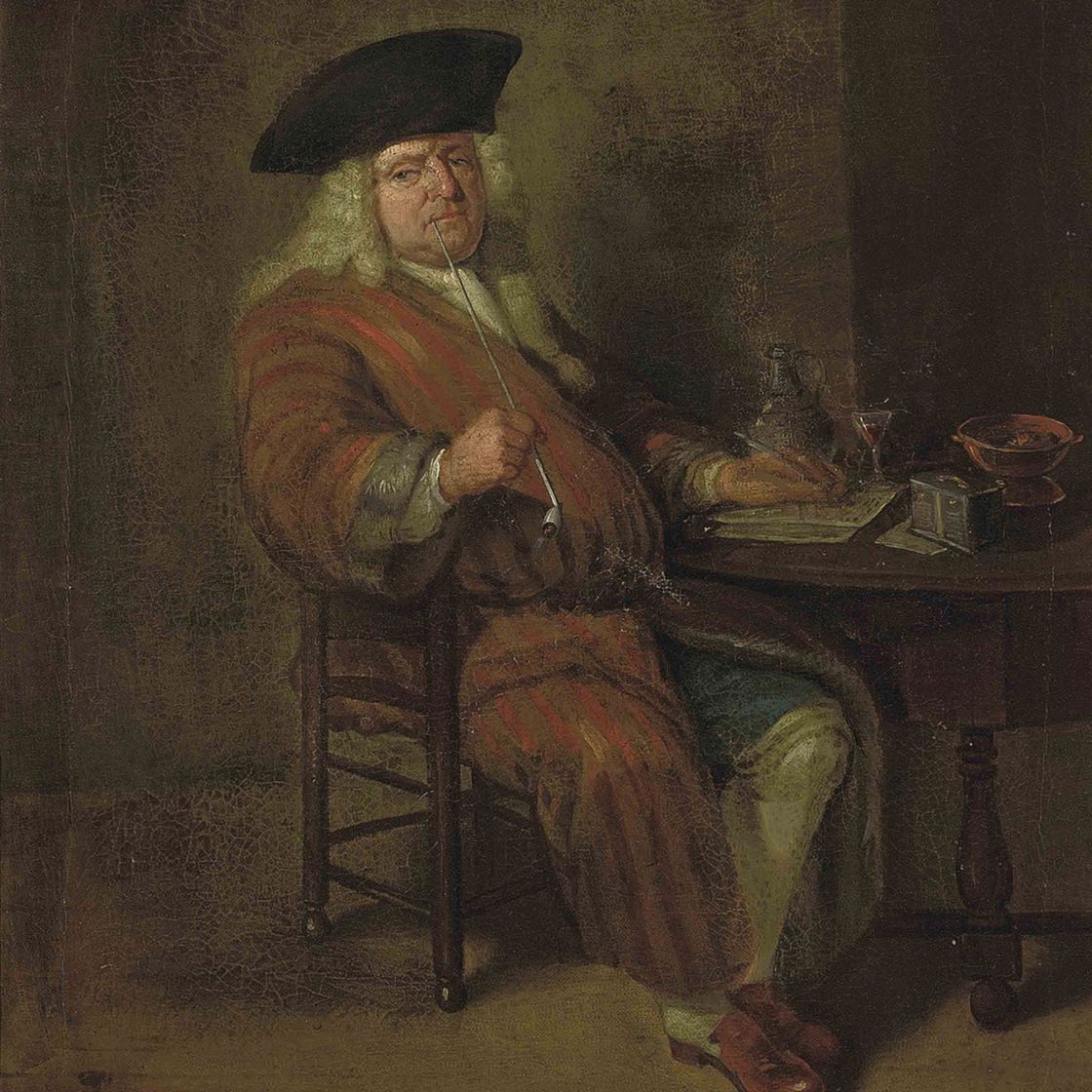 Dutch School — Джентльмен, сидящий за столом и курящий трубку