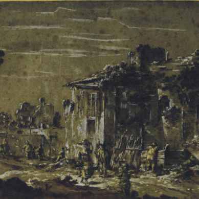 Dutch School — Деревенская уличная сценка (справа); натюрморт с кувшином, стаканом, ножом, тарелкой и фруктами (слева)