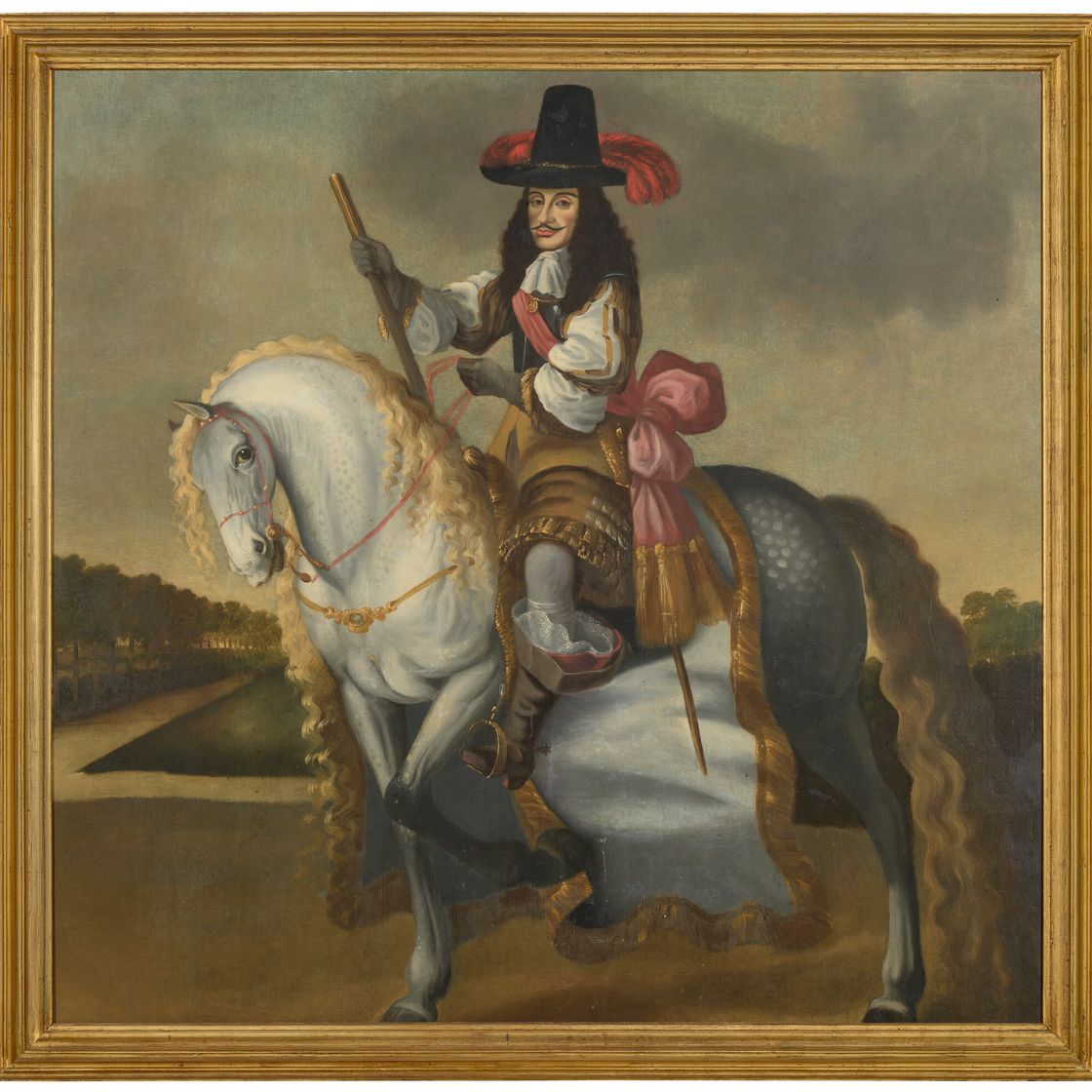 Dutch School — Конный портрет короля Карла II (1630-1685), установленный на сером коне на фоне пейзажа, изображение 1