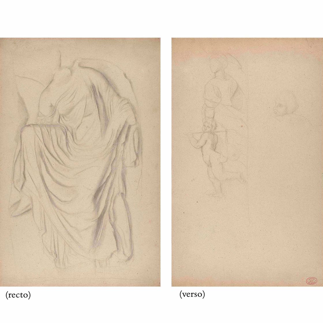 Edgar Degas — Этюд д'Апре "Ника в сандалиях" (прямая сторона); Этюд д'Апре в глубокой обработке Маркантонио Раймонди д'Апре Рафаэля, "Бурский пожар" (оборотная сторона)