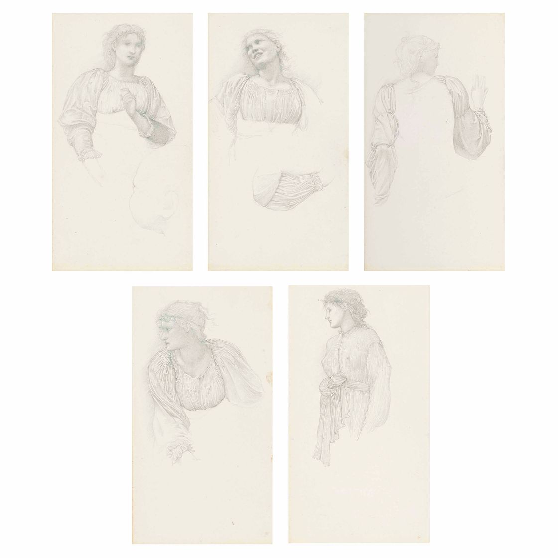 Edward Burne-Jones — Этюды для "Золотой лестницы": этюды женской фигуры, в том числе, возможно, Маргарет Берн-Джонс и Мэри Стюарт Уортли, один с дополнительным этюдом драпировки (оборотная сторона) и один с этюдом для "Рождества Христова" (оборотная сторона).