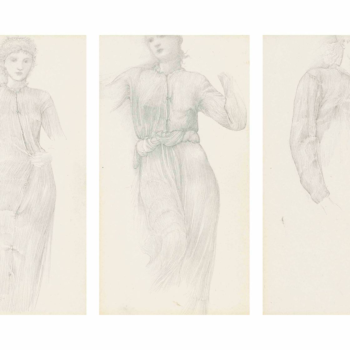 Edward Burne-Jones — Этюды для "Золотой лестницы": эскизы женской фигуры в драпировках, один из которых традиционно идентифицируется как Маргарет Берн-Джонс, другой - с дополнительной драпировкой (оборотная сторона).