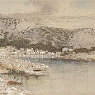 Edward Lear — Вид на город и гавань, Паксос, Греция