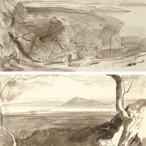 Edward Lear — Вид на Амаксичи и форт Санта-Мора; и вид на Корфу с дороги Беница, недалеко от Гастури, Корфу