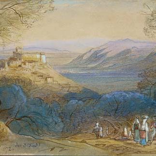Edward Lear — Вид на замок Каэтани и расположенный на холме городок Сермонета, Лацио, Италия