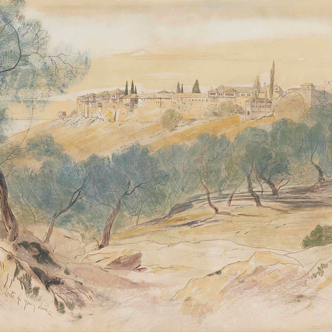 Edward Lear — Прибрежная деревня, окруженная оливковой рощей