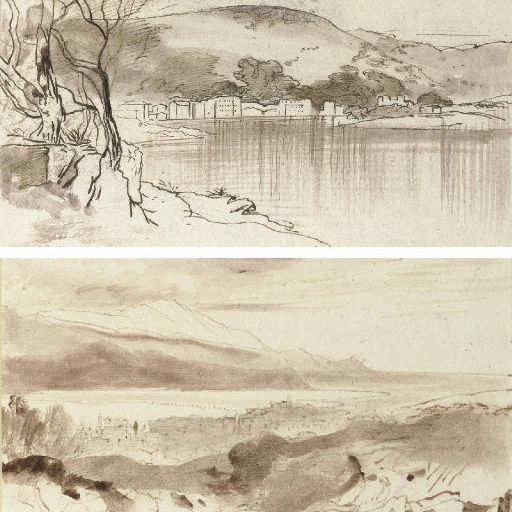Edward Lear — Вид на город и гавань, Гауа, Паксос; и вид на Аргостоли и Черную гору, Кефалония, Греция