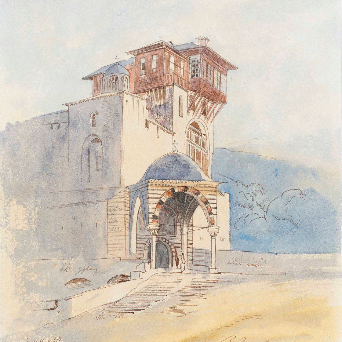Edward Lear — Портик входа в монастырь, возможно, Ватопедский, на горе Афон