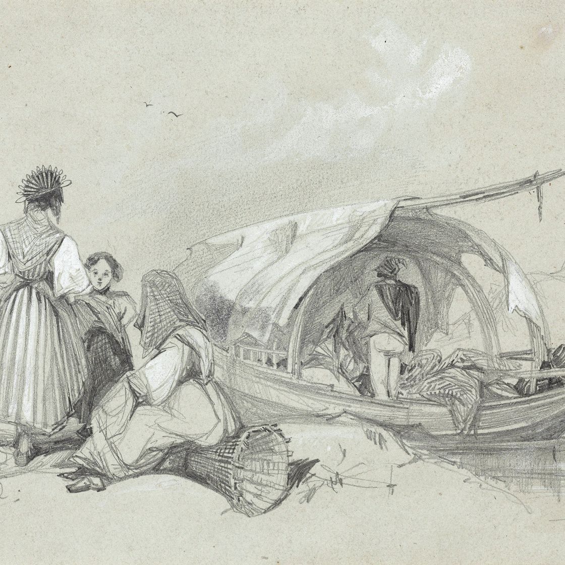Edward Lear — Перевал Монте-д'Оро на Корсике; Башня Сан-Эусебио; Фигуры, загружающие баржу; Башня в Кампанье, Рим; и замок на вершине прибрежного холма., изображение 3
