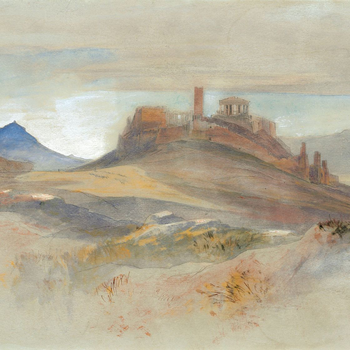 Edward Lear — Акрополь с юго-запада, с храмом Афины Никейской