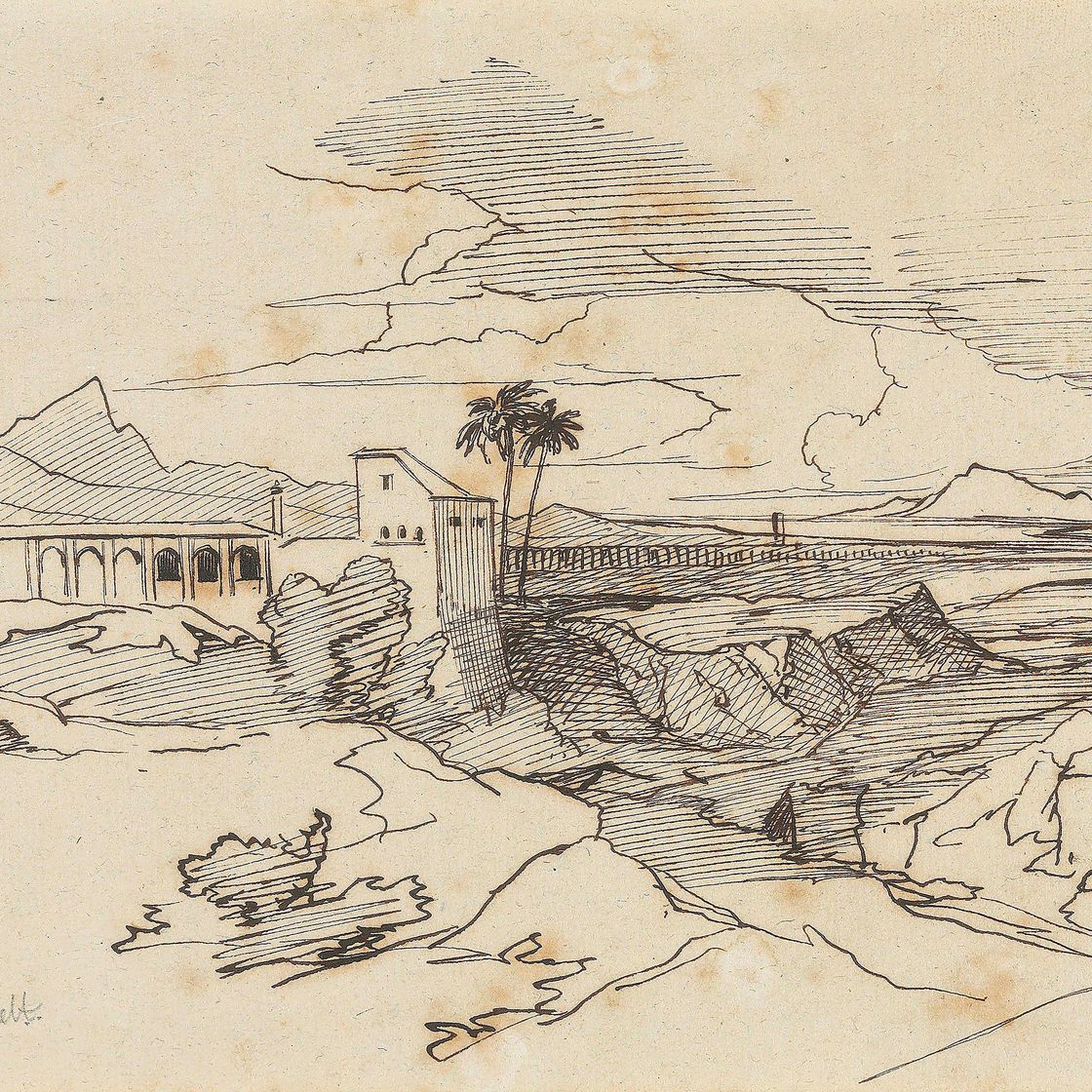 Edward Lear — Итальянский пейзаж с пальмами и акведуком за ними
