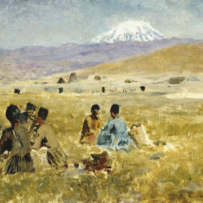 Edwin Lord Weeks — Персы обедают на траве, вдали видна гора Арарат.