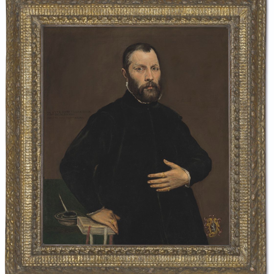 El Greco — Портрет джентльмена в полный рост, в черном, его правая рука покоится на книге, изображение 2