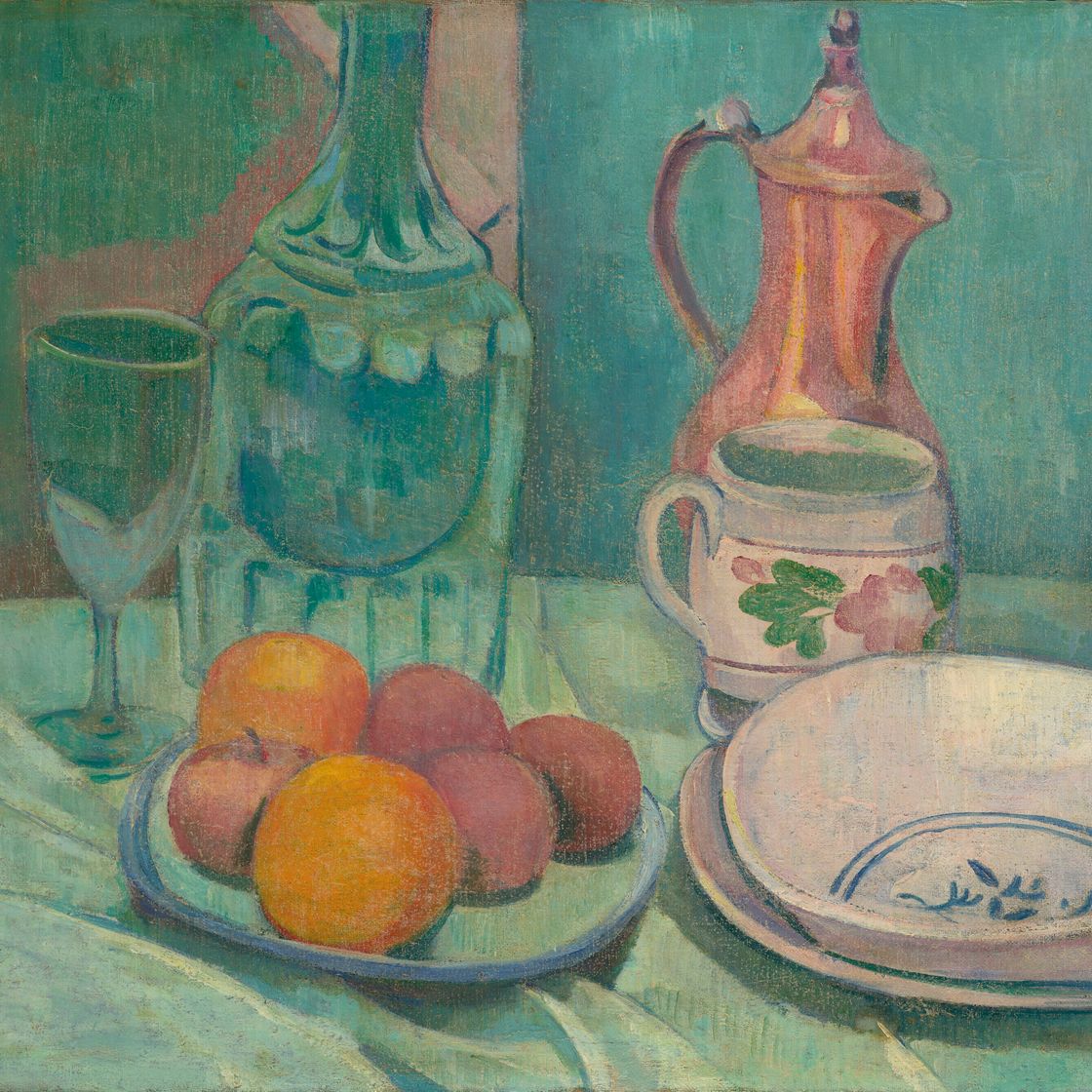 Émile Bernard — Nature morte (графин, овощи, фрукты, ассорти, блюда и кафе), изображение 1
