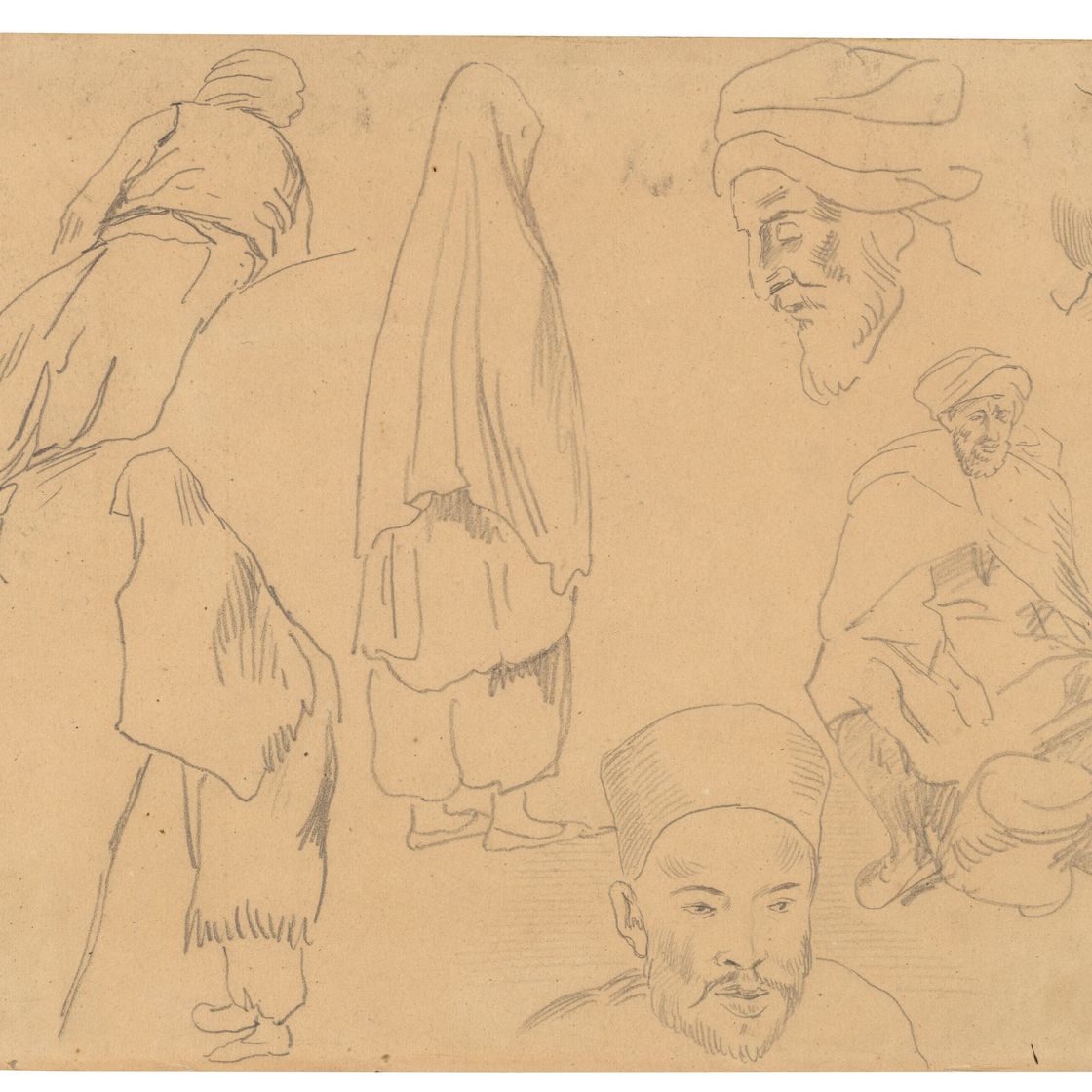 Eugène Delacroix — Четыре исследования фигур бедуинов и три исследования голов; а также два исследования сидящих мужчин, изображение 1