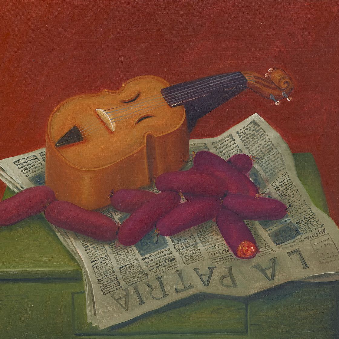 Fernando Botero — Натюрморт со скрипкой и сосисками, изображение 1