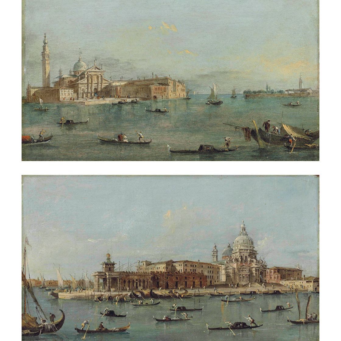 Francesco Guardi — Остров Сан-Джорджо Маджоре в Венеции, видимый с Бачино; Догана и Санта-Мария-делла-Салюте в Венеции, видимые с Рива-дель-Грано, Джудекка и Реденторе за ними, с многочисленными гондолами и парусными лодками