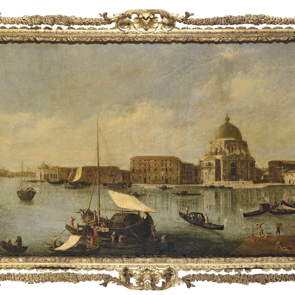 Francesco Guardi — Санта-Мария-делла-Салюте, видимая с Рива-дельи-Скьявоне, с парусниками и гондолами на переднем плане