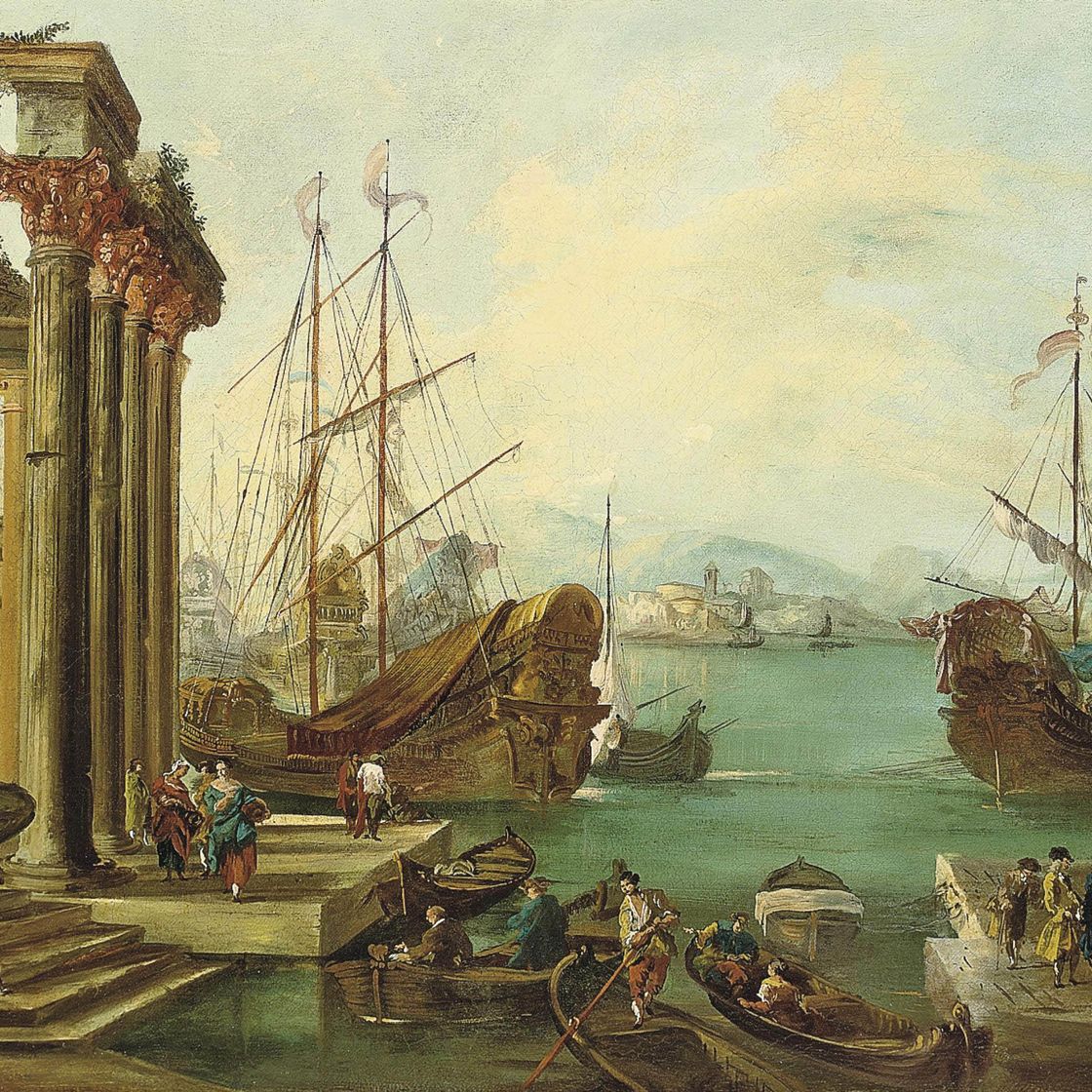 Francesco Guardi — Каприччио итальянской гавани, окаймленной классическими руинами с фигурами на набережной