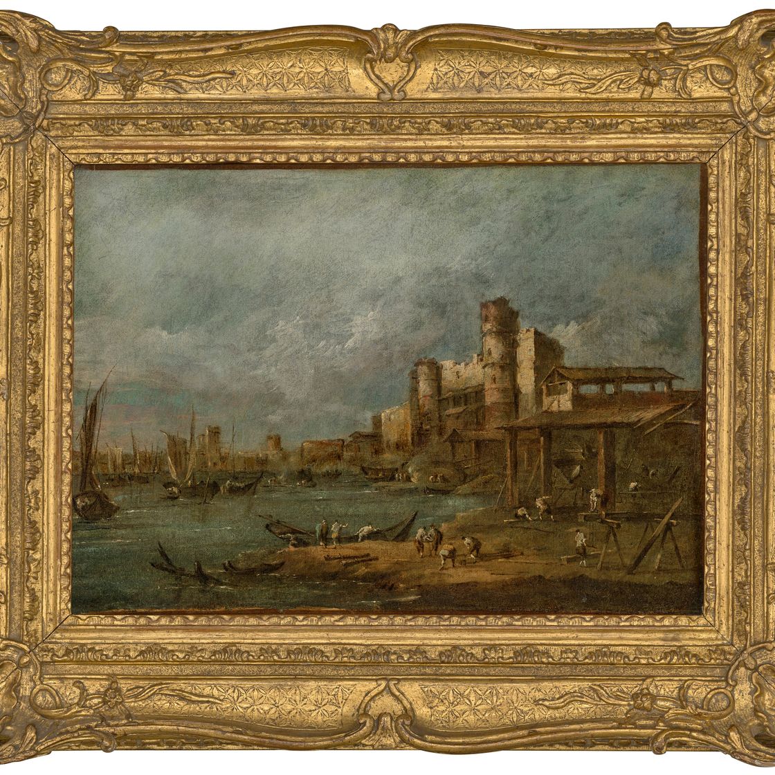 Francesco Guardi — Каприччио с разрушенной аркой, башней за ней и морским портом с лодками и небольшими суденышками, куполообразной церковью вдалеке; и Каприччио с арсеналом, несколькими корабелами, работающими на верфи, лодками и городом с башнями за ними., изображение 7