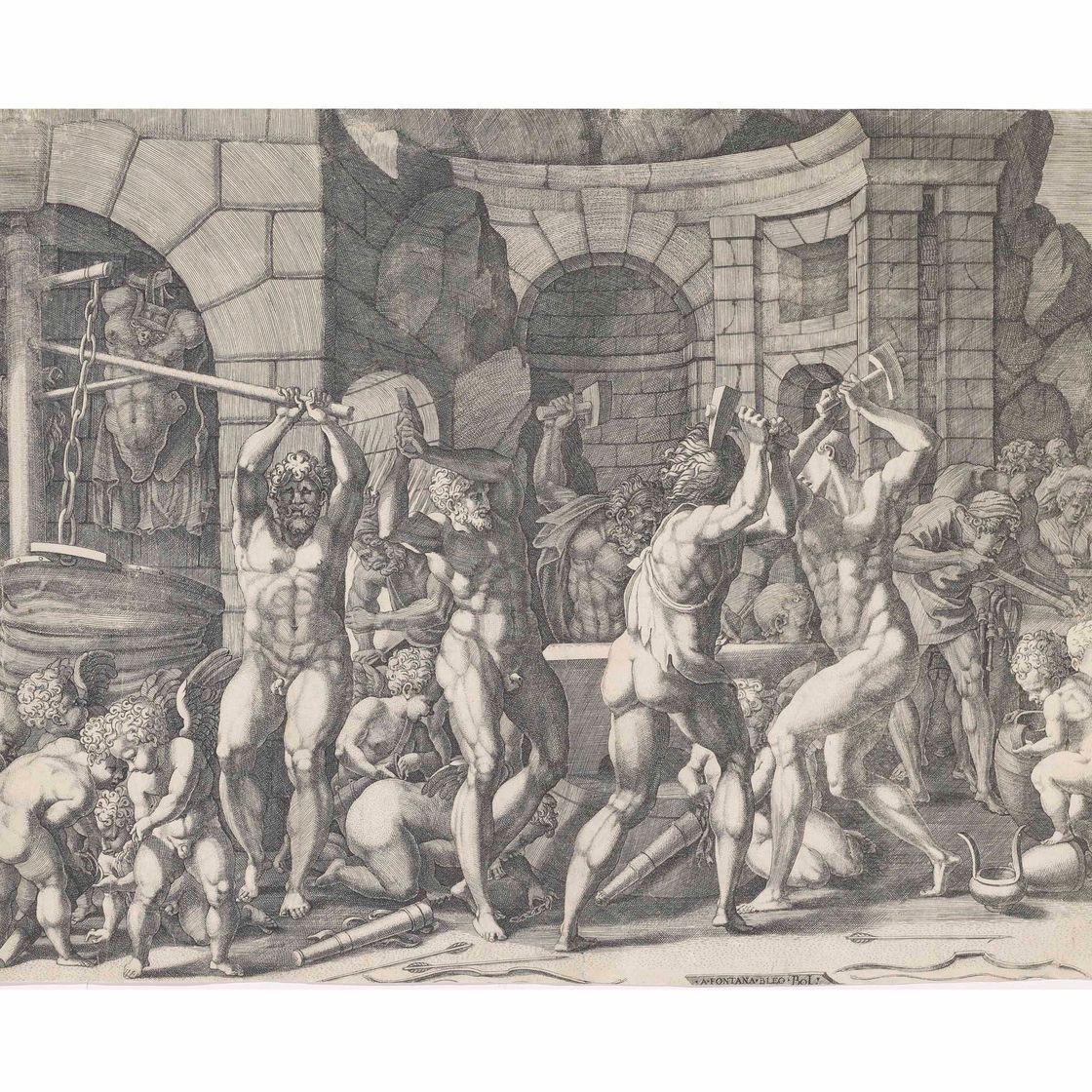 Francesco Primaticcio — Вулкан и циклоп куют стрелы для Купидона (Наглер II.1914.4; В. IX.25.4)