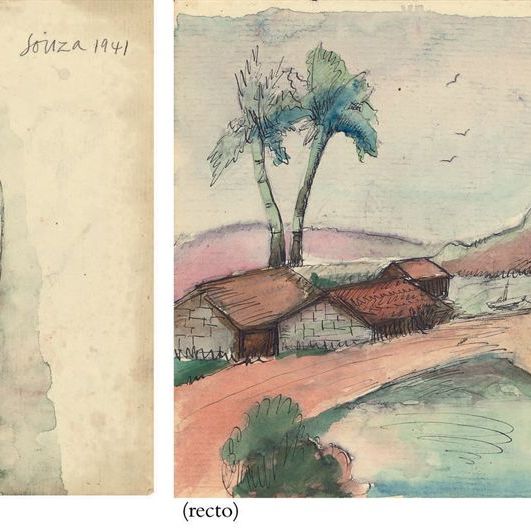 Francis Newton Souza — Без названия (Стоящая обнаженная женщина), ректально; Без названия (Фигуры в пейзаже), оборотная сторона; Без названия (Дома и деревья в пейзаже), ректально; Без названия (Портрет с изображениями животных), оборотная сторона