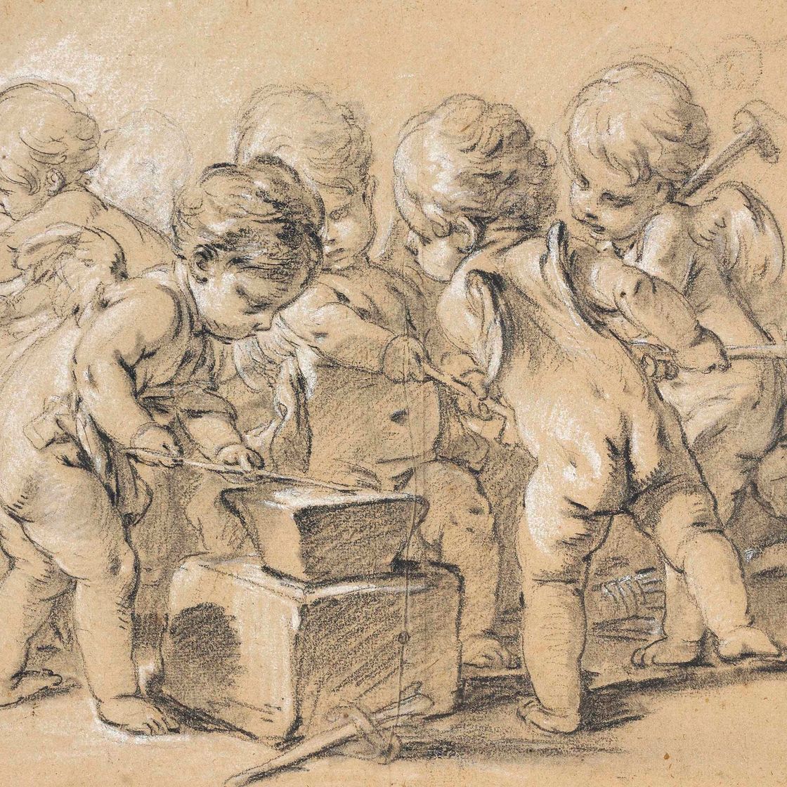 François Boucher — Путти танцует в кузнице: История любви