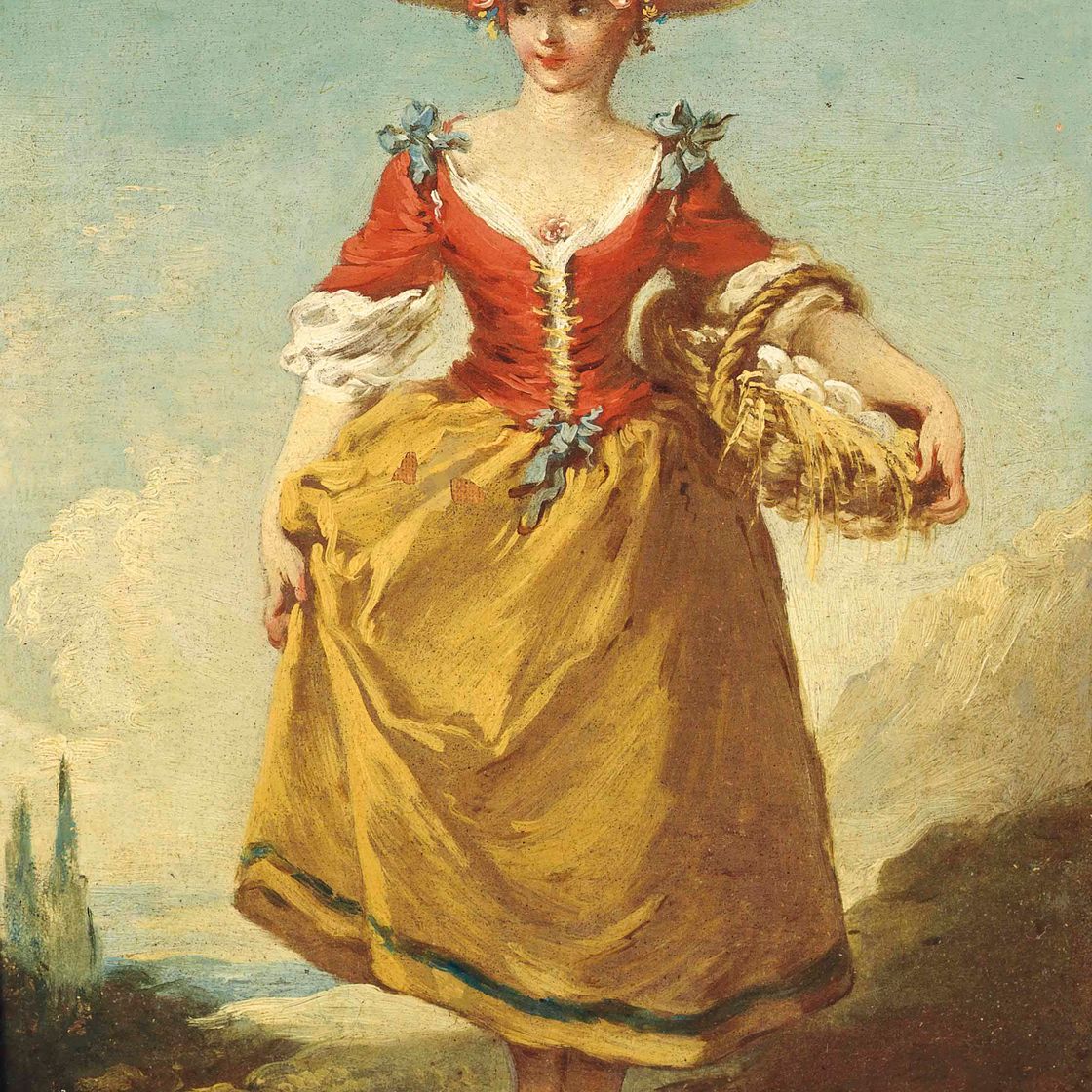 François Boucher — Крестьянская девушка на фоне пейзажа, несущая корзину с яйцами