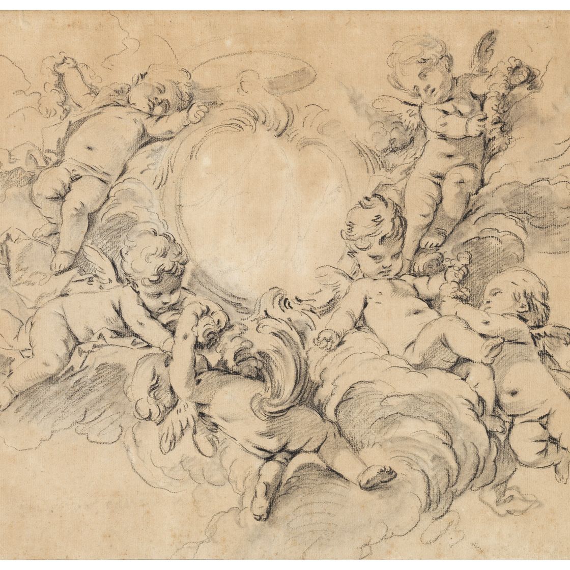 François Boucher — Путти в облаках, поддерживающий картуш с инициалами ‘AN’, изображение 1