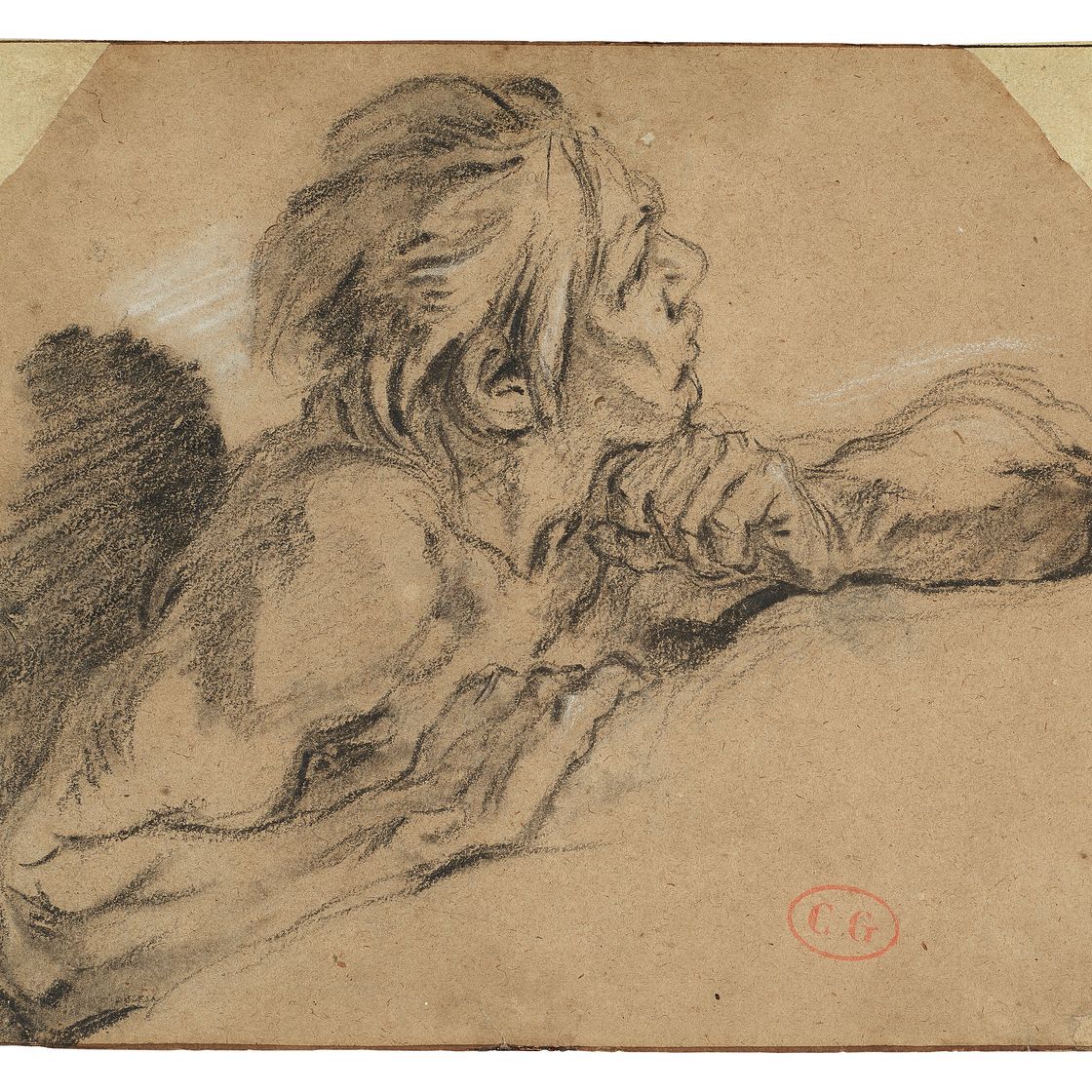 François Boucher — Мужчина, опершись на руки, смотрит вверх, направо, изображение 1